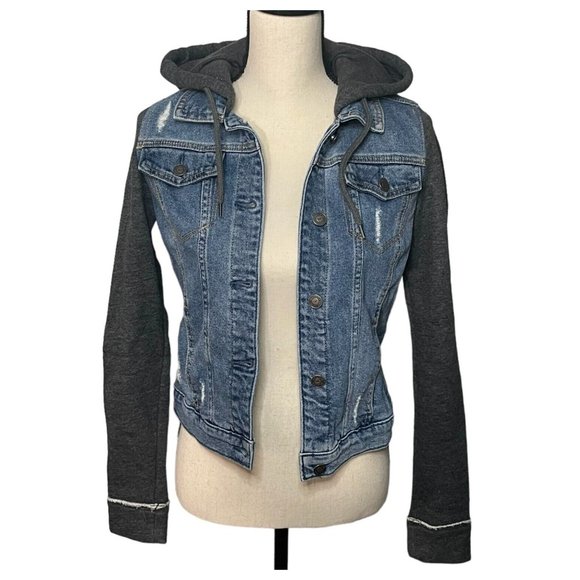 Hollister Blue Grey Distressed Hooded Denim Jean Jacket Size S Small - Picture 3 of 14